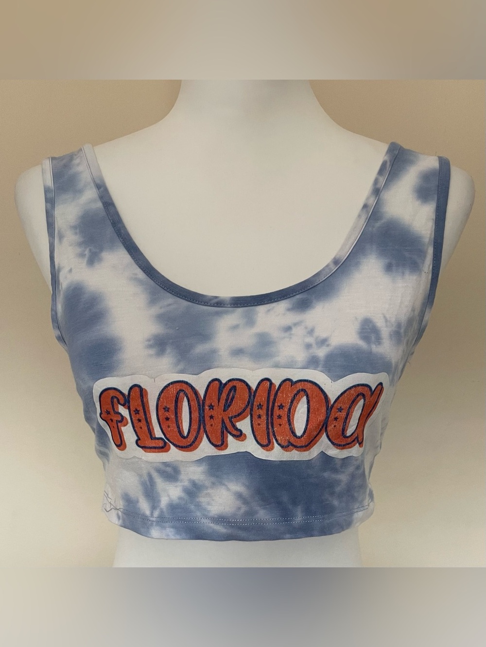 Forever 21 Blue Tie-Dye Cropped Tank Top w/Orange 'Florida' Graphic, Size L